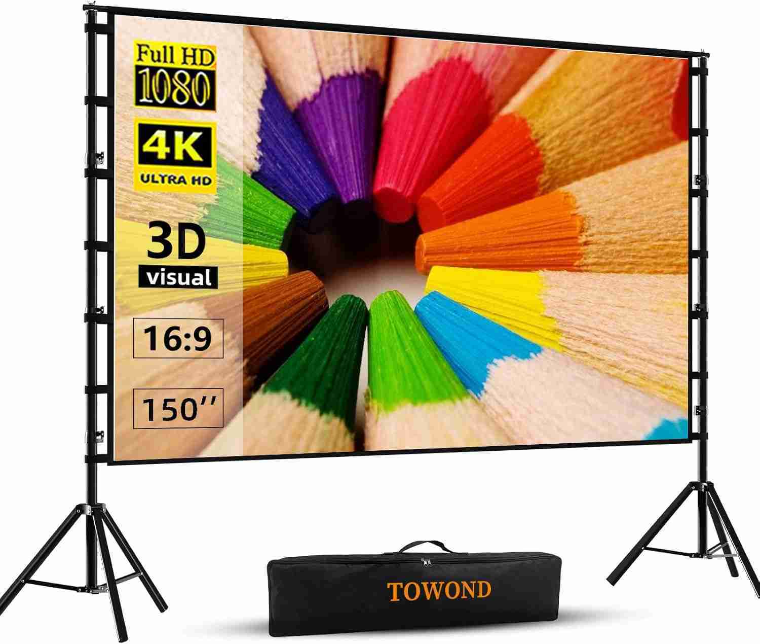 TOWOND Projector Screen and Stand, 150 inch Indoor Outdoor Projection Screen, Portable 16:9 4K HD Rear Front Movie Screen with Carry Bag Wrinkle-Free Design for Home Theater Backyard Cinema : Electronics | Rental
