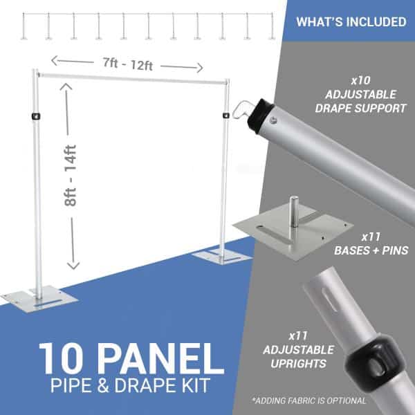10-Panel Pipe and Drape Kit / Backdrop - 8-14 Feet Tall (Adjustable) | Rental