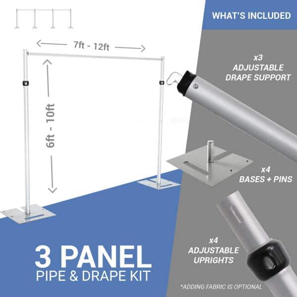 3-Panel Pipe and Drape Kit / Backdrop - 6-10 Feet Tall (Adjustable) | Rental