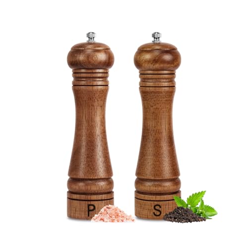 Wooden Salt and Pepper Grinder Set Refillable Salt & Pepper Mills Adjust for Coarseness, Crafted of Solid Oak Wood with Ceramic Stainless Steel Core, 8 Inches - 2 Packs | Rental