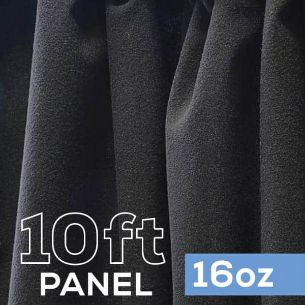 16oz. Fire Retardant Duvetyne/Commando Cloth – Sewn Drape Panel w/ 4″ Rod Pockets – 10ft in Black | Rental 16oz. Fire Retardant Duvetyne/Commando Cloth – Sewn Drape Panel w/ 4″ Rod Pockets – 10ft in Black | Rental
