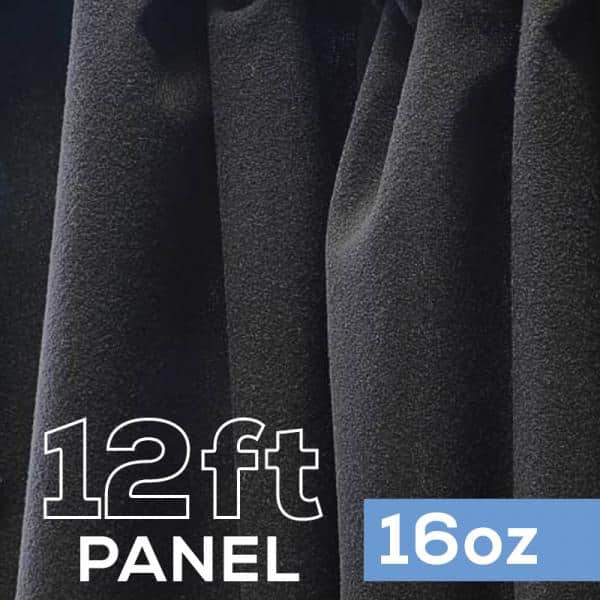 16oz. Fire Retardant Duvetyne/Commando Cloth – Sewn Drape Panel w/ 4″ Rod Pockets – 12ft in Black | Rental 16oz. Fire Retardant Duvetyne/Commando Cloth – Sewn Drape Panel w/ 4″ Rod Pockets – 12ft in Black | Rental