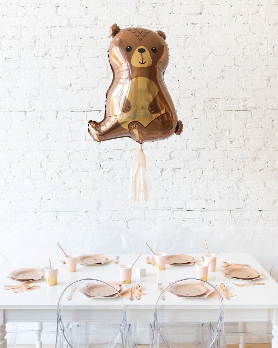 Woodland Bear Foil Balloon with Blush Skirt Centerpiece | Purchase Woodland Bear Foil Balloon with Blush Skirt Centerpiece | Purchase