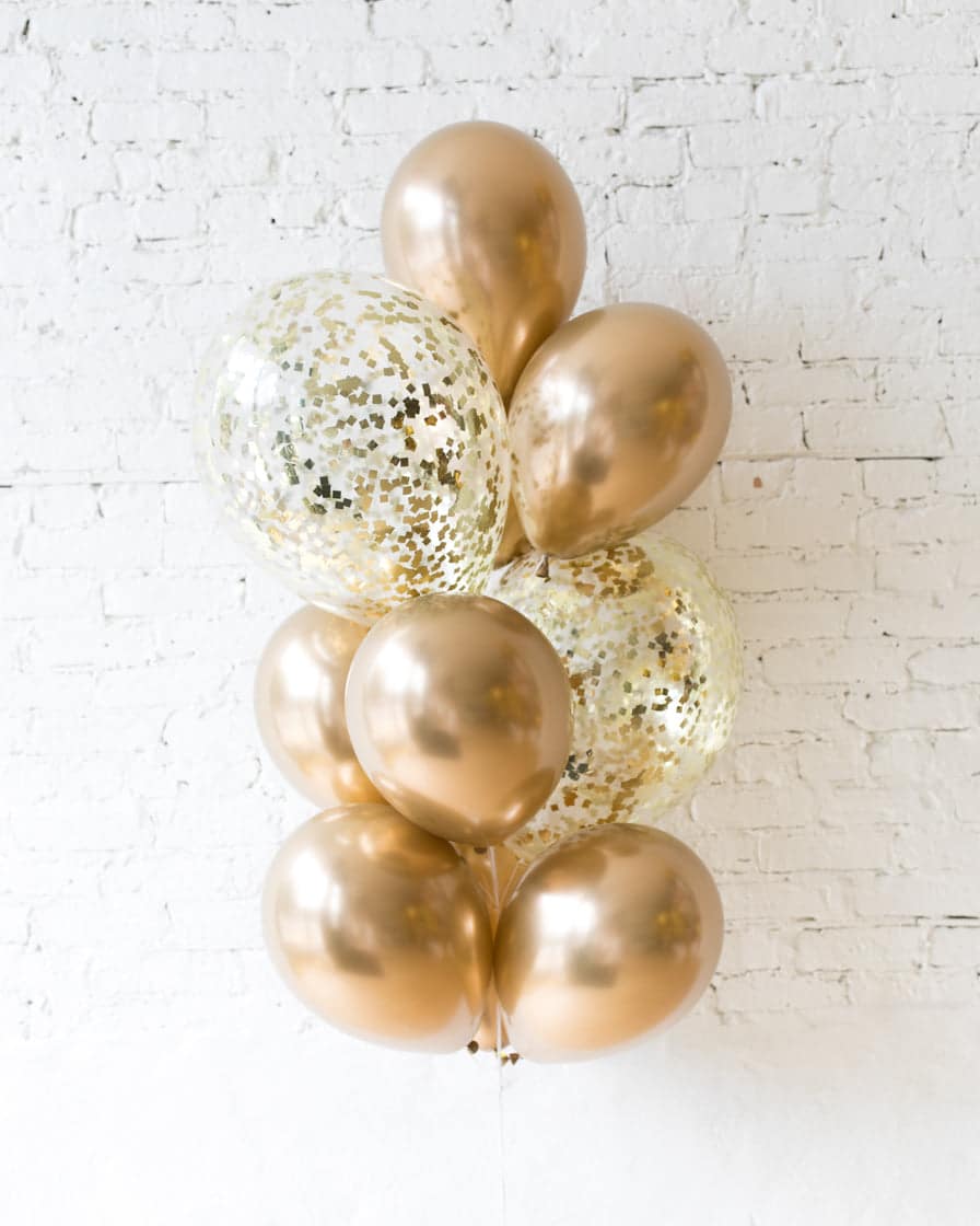 Golden – Confetti and 11in Balloons – bouquet of 10 | Purchase