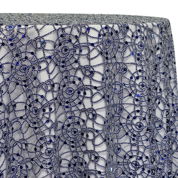 Flower Chain Lace Table Linen in Navy and Silver | Rental