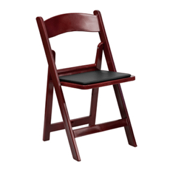 FirmFold™ Wood Folding Chair w/ Vinyl Black Padded Seat - Red Mahogany | Rental