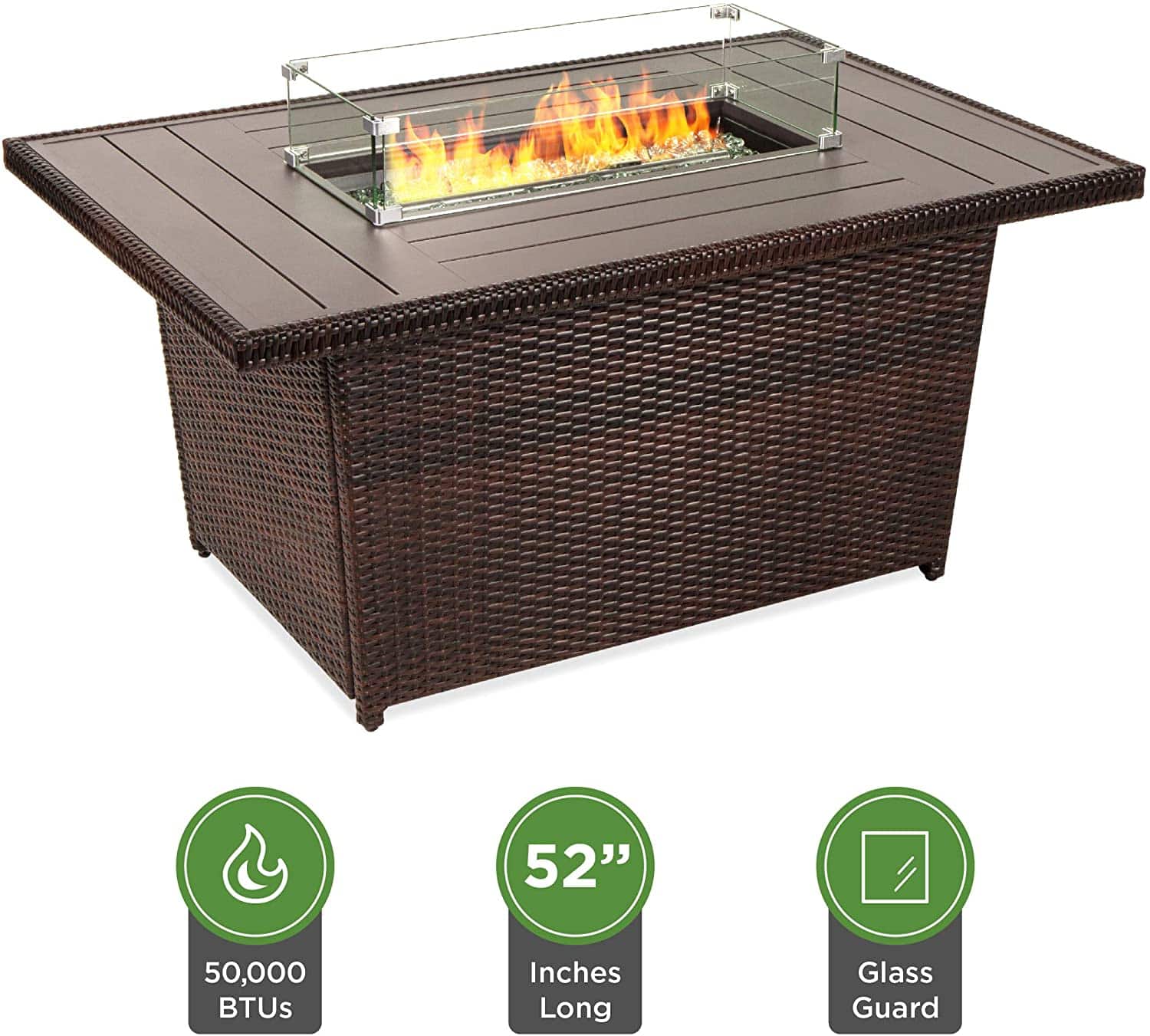 Fire Pit - 52in Outdoor Wicker Propane Fire Pit Table 50,000 BTU w/Glass Wind Guard, Tank Holder, Cover-Brown | Rental