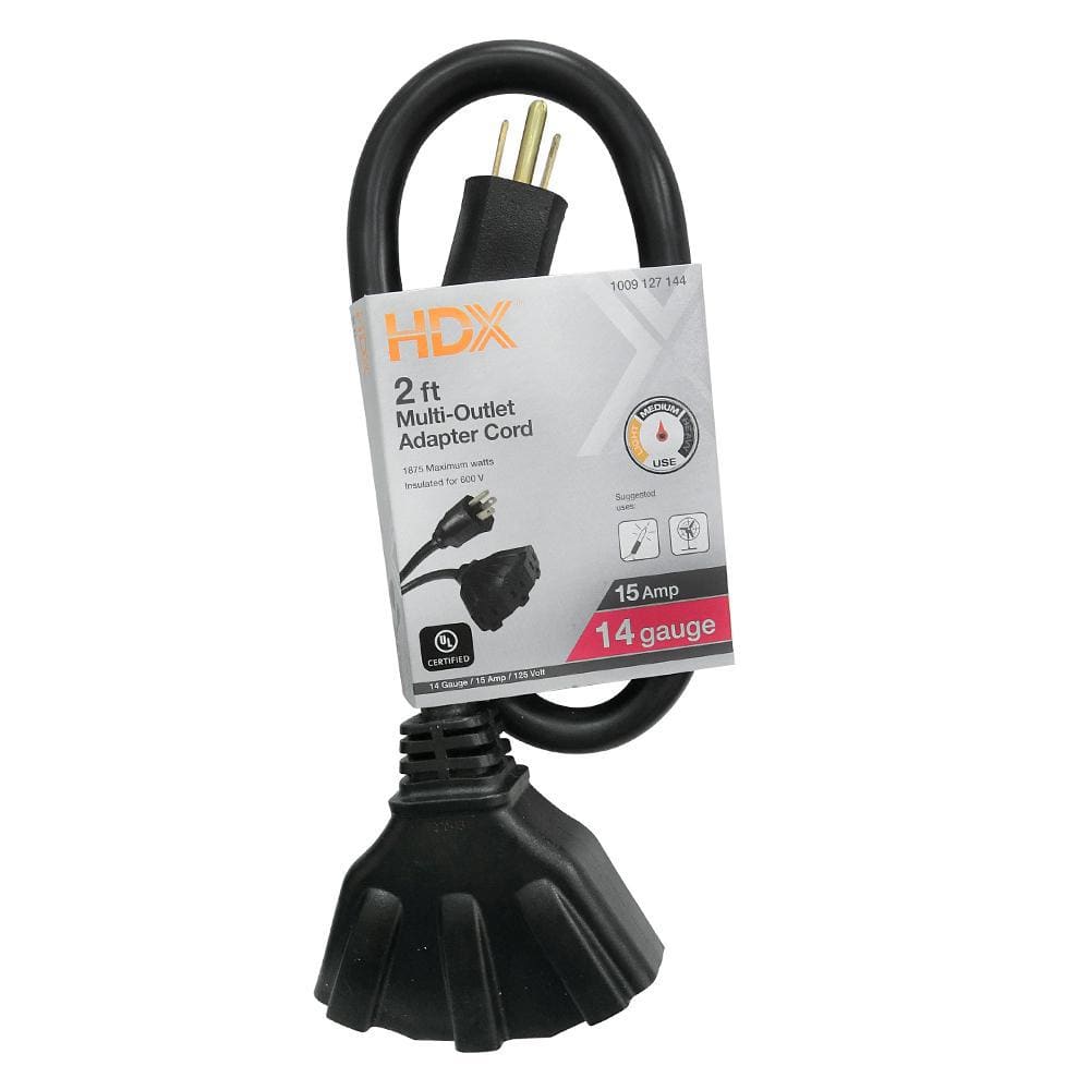 HDX — 2 ft. 14/3 Medium Duty Indoor/Outdoor Adaptor Cord with Multiple Outlet Triple Tap End, Black | Rental
